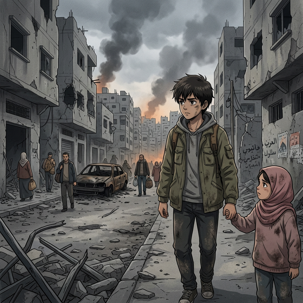 Two children walking hand in hand on a destroyed city street with damaged buildings and smoke